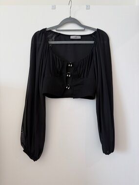 A3 Design Black Long-Sleeve Cropped Tie-Front Top